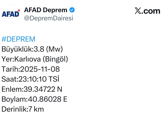 Bingöl’de 3,8 Şiddetinde Sarsıntı Meydana Geldi