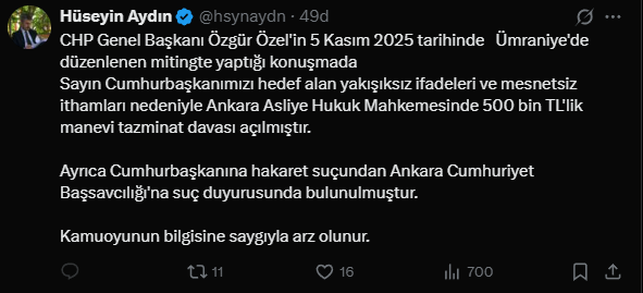 Erdoğan'dan Özel’e 500 Bin TL’lik Tazminat Davası