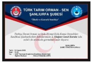 Tarım Orman-Sen Şanlıurfa’da Genel Kurulunu Gerçekleştirdi