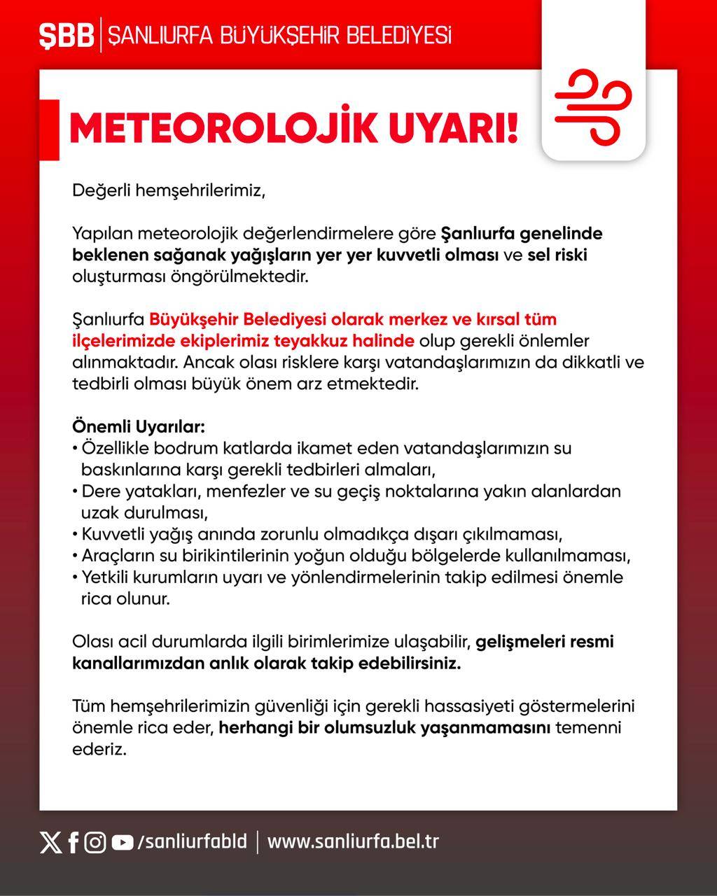 Urfa'da sel felaketi: Büyükşehirden kritik uyarı!